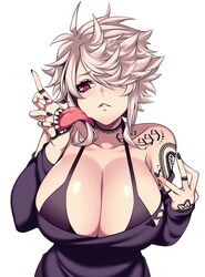  666 arm_tattoo bare_shoulders black_bra black_nails bra breasts cleavage collarbone commentary_request extra_mouth female hair_over_one_eye hand_mouth hand_tattoo highres hz_(666v) large_breasts licking licking_another&#039;s_cheek licking_another&#039;s_face long_tongue looking_at_hand messy_hair nail_polish neck_tattoo original red_eyes sharp_teeth shirt short_hair shoulder_tattoo simple_background solo sullivan_(camui_kamui) tattoo teeth tongue tongue_out torn_clothes torn_shirt underwear upper_body white_background white_hair 