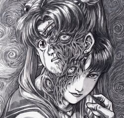  2girls art_shift bishoujo_senshi_sailor_moon bishoujo_senshi_sailor_moon_s blood choker closed_mouth commentary derivative_work diadem dominic_ian_cabatit english_commentary extra_eyes eyelashes fusion greyscale guro hair_over_shoulder heart heart_choker highres horror_(theme) itou_junji_(style) kawakami_tomie lipstick long_hair looking_at_viewer makeup meme mole mole_under_eye monochrome multiple_girls parted_lips sailor_moon sailor_moon_redraw_challenge_(meme) sailor_senshi_uniform school_uniform screenshot_redraw serafuku smile tomie tsukino_usagi twintails upper_body wide-eyed 