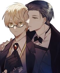  2boys albino_(a1b1n0623) arm_up bad_id bad_twitter_id black_hair black_sleeves blonde_hair coat expressionless fate/grand_order fate/prototype fate/prototype:_fragments_of_blue_and_silver fate_(series) formal gem glasses gloves gradient_hair green_eyes hand_on_another&#039;s_shoulder highres jekyll_and_hyde_(fate) long_sleeves looking_at_viewer male_focus multicolored_hair multiple_boys necktie open_mouth pointy_nose semi-rimless_eyewear sherlock_holmes_(fate) shirt short_hair suit whispering white_background white_shirt 