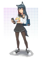  absurdres alternate_costume animal_ear_fluff animal_ears arknights bag black_footwear black_hair black_pantyhose black_skirt breasts cellphone closed_mouth commentary crop_top cross-laced_footwear english_commentary female food full_body highres holding holding_phone long_hair long_sleeves looking_at_viewer midriff miniskirt mouth_hold navel neckerchief pantyhose phone pleated_skirt pocky polka_dot polka_dot_background radioneet red_eyes school_bag school_uniform serafuku shirt shoes skirt small_breasts smartphone sneakers solo standing tail texas_(arknights) twitter_username white_background white_shirt wolf_ears wolf_tail yellow_neckerchief 