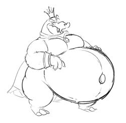  2022 anthro belly big_belly black_and_white cape clothing crocodilian crown donkey_kong_(series) fangs gem hand_on_belly headgear k_rool kremling looking_at_viewer male monochrome mostly_nude narrowed_eyes navel nintendo obese obese_anthro obese_male outie_navel overweight overweight_anthro overweight_male praceph reptile scalie solo standing teeth 