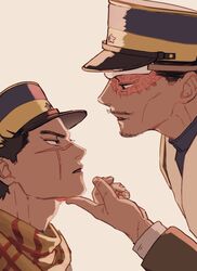  2boys brown_eyes brown_hair collared_jacket expressionless eye_contact golden_kamuy hand_on_another&#039;s_face hat highres imperial_japanese_army jacket kepi long_sleeves looking_at_another male_focus military military_hat military_uniform multiple_boys open_mouth protected_link scar scar_on_cheek scar_on_face scar_on_mouth scar_on_nose short_hair simple_background spiked_hair sugimoto_saichi tonta_(tonta1231) tsurumi_tokushirou uniform 