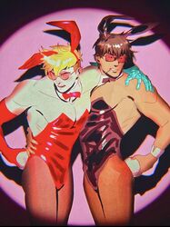  2boys animal_ears bare_arms bare_shoulders black_leotard blonde_hair blush bow bowtie brown_hair catneylang cigarette cowboy_shot glasses hair_between_eyes hand_on_another&#039;s_hip hand_on_another&#039;s_shoulder highres large_pectorals leotard male_playboy_bunny meme_attire multiple_boys nicholas_d._wolfwood open_mouth pantyhose pectorals pink_background playboy_bunny prosthesis prosthetic_arm rabbit_boy rabbit_ears rabbit_tail red-tinted_eyewear short_hair simple_background spotlight standing strapless strapless_leotard tail tinted_eyewear trigun trigun_stampede v-shaped_eyebrows vash_the_stampede 