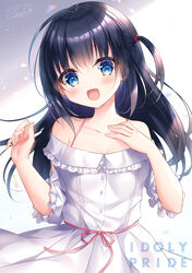  :d bare_shoulders black_hair blue_eyes blush collarbone commentary_request copyright_name dress female hair_between_eyes hands_up highres idoly_pride kohinata_hoshimi long_hair looking_at_viewer nagase_mana off-shoulder_dress off_shoulder one_side_up open_mouth short_sleeves signature smile solo very_long_hair white_dress 