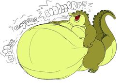  2022 alligator alligatorid anthro belly better_version_at_source big_belly burping claws crocodilian digital_media_(artwork) hand_on_stomach hyper hyper_belly louis_(tpatf) male morbidly_obese morbidly_obese_anthro morbidly_obese_male narrowed_eyes nude obese obese_anthro obese_male overweight overweight_anthro overweight_male praceph raised_tail reptile rumbling_stomach scales scalie solo sound_effects speech_bubble standing text toe_claws 