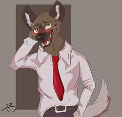  aggretsuko anthro blush brown_eyes clothing dress_shirt fur haida_(aggretsuko) hyena male mammal multicolored_body multicolored_fur necktie red_necktie red_tongue sanrio shirt solo spotted_hyena tongue topwear two_tone_body two_tone_fur vailwolf 