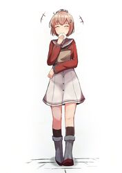  bad_id bad_twitter_id bag baozi black_socks brown_eyes brown_neckerchief closed_eyes commentary cosplay dress eating female food full_body grey_sailor_collar headgear highres kantai_collection kneehighs ludens_(inonaka_koubou) neckerchief paper_bag red_shirt rudder_footwear sailor_collar sailor_shirt shirt short_hair simple_background socks solo tan_yang_(kancolle) white_background white_dress yukikaze_(kancolle) 