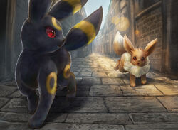  alley black_fur brown_fur commentary day eevee lens_flare looking_back momomo12 no_humans open_mouth outdoors pokemon pokemon_(creature) red_eyes running toes umbreon watermark 