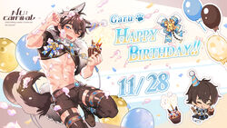  16:9 abs animal_humanoid birthday bottomwear canid canid_humanoid canine canine_humanoid chibi clothed clothing crop_top cupcake english_text facial_scar fluffy fluffy_tail food fully_clothed garu_(nu:_carnival) hat headgear headwear hi_res human humanoid inner_ear_fluff male mammal mammal_humanoid nu:_carnival official_art on_model one_eye_closed open_mouth open_smile scar shirt shorts smile solo tail text topwear tuft unknown_artist widescreen wolf_humanoid 