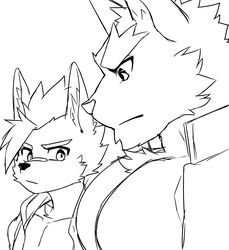  absurd_res anthro band-aid bandage black_and_white canid canine canis duo girl_staring_at_man&#039;s_chest hald_(manadezimon) hi_res kemono line_art male mammal manadezimon meme monochrome muscular muscular_male pecs wolf 