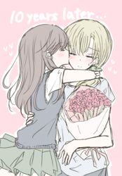  1_x_1/2 2girls 66ta1yak1 blonde_hair blush bouquet brown_hair closed_eyes commentary_request english_text flower green_skirt highres holding holding_bouquet hug incest kissing kissing_cheek long_hair morii_asuka morii_ayako mother&#039;s_day mother_and_daughter multiple_girls pink_background rose school_uniform shirt simple_background skirt standing sweater_vest white_shirt yuri 