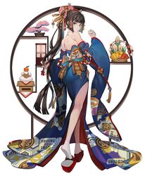  alcohol animal_print ass back_bow balusah bamboo bare_shoulders beads black_hair blue_eyes blue_kimono blunt_bangs blunt_ends blush bonsai bottle bow breasts choker choko_(cup) closed_mouth clothing_cutout crescent cup detached_sleeves female flower food from_behind fruit full_body furisode geta hair_flower hair_ornament hair_stick hand_up holding holding_bottle holding_cup japanese_clothes jewelry kadomatsu kagami_mochi kanzashi kimono lantern long_hair looking_at_viewer looking_back mahjong mahjong_soul mahjong_tile mandarin_orange nadeshiko_(mahjong_soul) o-ring obi official_art outstretched_arm paper_lantern ponytail print_kimono red_footwear round_shelf sake sash shelf side_slit sidelocks socks soles solo straight_hair tabi tassel tiger_print unmoving_pattern very_long_hair walking white_background 