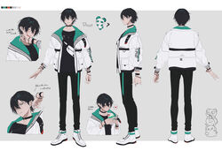  1boy ? ^_^ absurdres arms_at_sides arrow_(symbol) bendy_straw black_hair black_pants black_shirt blush bracelet cherry chibi chibi_inset choker closed_eyes clothes_writing collarbone covering_own_mouth cropped_torso cup drinking drinking_glass drinking_straw earrings eyeliner facing_away fanny_pack food fruit green_eyes grey_background hair_behind_ear hair_between_eyes hand_over_own_mouth hand_up hands_up heart highres holding holding_cup ice_cream ice_cream_float jacket jewelry jitome kaoruko_(unkrk55) kimagure_project laughing long_sleeves looking_at_viewer looking_away looking_down makeup male_focus melon_soda multiple_views necklace one_eye_closed open_clothes open_jacket open_mouth panda pants parted_lips pendant profile puffy_long_sleeves puffy_sleeves ring shirt shoes short_hair sideways_glance sneakers spoken_heart standing streetwear stud_earrings t-shirt turnaround virtual_youtuber watch white_footwear white_jacket wristwatch yoshida_roma zipper_pull_tab 