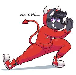  2018 acstlu anthro biped canid canine clothed clothing devil_costume dialogue digital_media_(artwork) english_text footwear fox hi_res hoodie male mammal phursie pose shoes simple_background smile smirk sneakers solo text topwear white_background 