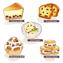  bowl cake cake_slice cheesecake cinnamon_roll commentary double_scoop english_text food food_focus fruit highres ice_cream leaf no_humans okaka516 original pound_cake raisin_(fruit) sandwich simple_background still_life sweets white_background 