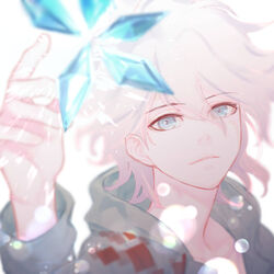  1boy blurry closed_mouth collarbone danganronpa_(series) danganronpa_2:_goodbye_despair depth_of_field green_jacket grey_eyes hair_between_eyes hand_up highres hood hooded_jacket jacket komaeda_nagito light_smile looking_at_viewer male_focus medium_hair messy_hair nanairo_dango portrait prism solo star_(symbol) white_hair 