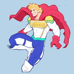  1boy bara blonde_hair blue_eyes bodysuit boku_no_hero_academia bulge cape covered_abs cropped_legs feraltintinsimp floating_cape gloves highres knee_up looking_to_the_side male_focus muscular muscular_male pectorals red_cape red_gloves short_hair smile solo spiked_hair thick_thighs thighs togata_mirio white_bodysuit white_footwear 