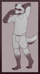  2021 absurd_res anthro biped bottomwear clothing dave_(password) hi_res humanoid_hands hyena male mammal password_(visual_novel) shirt shorts solo striped_hyena szremna topwear 