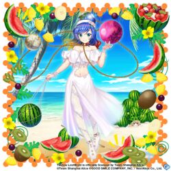  2girls alternate_costume beach blue_eyes blue_hair blue_nails breasts chains cleavage closed_mouth clothing_cutout clownpiece copyright_notice dress earth_(ornament) fingernails flower food fruit full_body game_cg gold_chain happy hat hecatia_lapislazuli hecatia_lapislazuli_(earth) hecatia_lapislazuli_(tropical_goddess) jester_cap kiwi_(fruit) looking_at_viewer midriff moon moon_(ornament) multiple_girls navel no_shoes ocean official_alternate_costume official_art pantyhose rotte_(1109) smile solo_focus stomach stomach_cutout touhou touhou_lostword transparent_background water white_dress white_pantyhose 