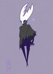  1other arthropod_girl black_eyes black_skin blank_eyes blush blush_stickers cloak colored_skin commentary female full_body genderswap_(otf) green_cloak hand_on_own_hip heart high_collar highres hollow_knight hollow_knight_(character) hornet_(hollow_knight) legs purple_background rule_63 sakana_2-gou simple_background solo_focus spoken_heart standing 