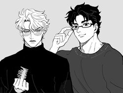  2boys adjusting_eyewear annoyed birthmark censored charai_(withoutyou222) closed_mouth dio_brando glasses hand_up highres joestar_birthmark jojo_no_kimyou_na_bouken jonathan_joestar long_sleeves looking_at_viewer male_focus middle_finger monochrome multiple_boys muscular muscular_male open_mouth parted_bangs parted_lips phantom_blood semi-rimless_eyewear short_hair simple_background smirk sunglasses sweater swept_bangs turtleneck turtleneck_sweater under-rim_eyewear upper_body 