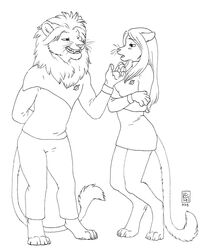  2008 4_toes anthro barefoot breasts caitian chakona_space claws clothing digitigrade dress duo feet felid female fur greyscale grin hair kacey m&#039;lai_saraath male male/female mammal mane mane_hair monochrome smile star_trek tail tail_tuft toes tuft whiskers 