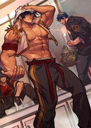  3boys abs absurdres armband bad_id bad_twitter_id baimeme bara bare_pectorals black_hair black_jacket black_pants cropped_jacket dougi dungeon_and_fighter fighter_(dungeon_and_fighter) grappler_(dungeon_and_fighter) headband highres jacket large_pectorals looking_at_viewer male_brawler_(dungeon_and_fighter) male_fighter_(dungeon_and_fighter) male_focus multiple_boys muscular muscular_male navel nipples open_clothes open_jacket pants pectorals red_shirt scar scar_on_arm scar_on_cheek scar_on_chest scar_on_face shirt short_hair torn_clothes torn_jacket towel towel_on_head white_jacket 