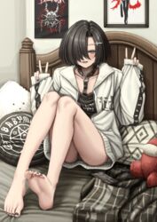  absurdres among_us barefoot bed bedroom black_hair black_shirt choker cosplay crewmate_(among_us) crewmate_(among_us)_(cosplay) double_v feet female goth_fashion half-closed_eyes hands_up highres indoors itemlabel jacket knees_up kurotama_rei legs lobsteranian looking_at_viewer nail_polish on_bed open_mouth original pillow punk purple_eyes shirt short_hair soles solo sucklet toenail_polish toenails toes v white_jacket 