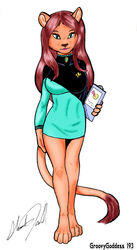  anthro breasts brown_body brown_fur brown_hair caitian chakona_space clothed clothing dress felid female fur green_eyes groovygoddess hair m&#039;lai_saraath mammal simple_background solo star_trek tail tail_tuft tuft white_background 