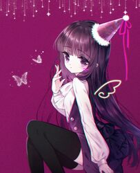  animal black_thighhighs blush bug butterfly closed_mouth commentary danby_merong dress feet_out_of_frame female fur-trimmed_headwear fur_trim hand_up hat inu_x_boku_ss long_hair long_sleeves looking_at_viewer party_hat pleated_dress puffy_long_sleeves puffy_sleeves purple_background purple_dress purple_eyes purple_hair shirakiin_ririchiyo shirt solo symbol-only_commentary thighhighs tilted_headwear very_long_hair white_shirt 