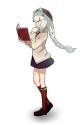  animal_ears arknights bear_ears black_skirt blue_hair book braid brown_cardigan brown_footwear cardigan commentary english_commentary female full_body green_eyes hair_ornament hand_on_own_chin highres holding holding_book istina_(arknights) kneehighs light_blue_hair loafers long_hair long_sleeves monocle pleated_skirt reading red_socks shoes simple_background single_braid skirt socks solo star_(symbol) star_hair_ornament vathanyan white_background 