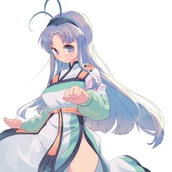  antenna_hair beads blue_hair breasts commentary dress female hairband long_hair long_sleeves looking_at_viewer mamotte_shugogetten! multicolored_hair purple_eyes shimazaki1152 shugogetten_shaolin side_slit simple_background solo very_long_hair white_background 