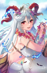  antenna_hair armlet beach bikini blue_sky breasts cloud commentary curled_horns female fire_emblem fire_emblem_heroes flower flower_necklace freyja_(fire_emblem) freyja_(summer)_(fire_emblem) goat_horns grey_hair hair_between_eyes hair_flower hair_ornament horns jewelry large_breasts long_hair looking_at_viewer momoirofox official_alternate_costume open_mouth outdoors pink_flower red_eyes red_horns sand sky smile solo stuffed_animal stuffed_toy swimsuit very_long_hair water white_bikini 