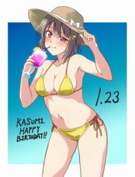  bikini breasts brown_hair commentary_request drinking_straw female hair_ornament hairclip hand_on_headwear hat light_brown_hair looking_at_viewer love_live! love_live!_nijigasaki_high_school_idol_club medium_breasts nakasu_kasumi purple_eyes short_hair solo straw_hat swimsuit turkey_min yellow_bikini 