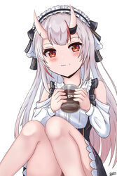  absurdres bare_shoulders black_hairband black_skirt blush closed_mouth clothing_cutout commentary_request feet_out_of_frame female frilled_hairband frills gradient_hair grey_hair hairband highres holding hololive horns knees_together_feet_apart knees_up long_hair looking_at_viewer multicolored_hair nakiri_ayame nakiri_ayame_(girly) official_alternate_costume oni red_eyes red_hair sato_art shirt shoulder_cutout signature simple_background sitting skin-covered_horns skirt smile solo streaked_hair suspender_skirt suspenders very_long_hair virtual_youtuber white_background white_shirt 