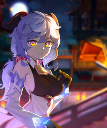  absurdres bare_shoulders bell blue_hair bow breasts cowbell detached_sleeves female ganyu_(genshin_impact) genshin_impact gloves hairbow hand_on_own_chest highres long_sleeves looking_at_viewer low_ponytail medium_breasts night purple_eyes sbgu sideboob sleeveless smile 