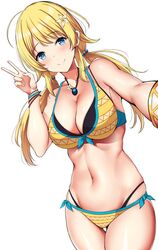  ahoge bikini blonde_hair blue_eyes bracelet breasts cleavage commentary female flower hachimiya_meguru hair_flower hair_ornament highres idolmaster idolmaster_shiny_colors jewelry large_breasts long_hair midriff navel necklace noeomi selfie solo striped_bikini striped_clothes swimsuit v 