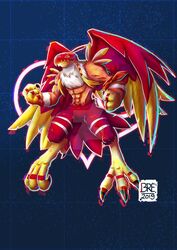  2019 abs anthro armor avian bandana beak blonde_hair claws crest_of_love digimon digimon_(species) digimon_crest feathers febriariyanto fingers garudamon green_eyes hair headgear helmet male markings muscular red_body red_feathers red_markings signature solo symbol toe_claws tuft watermark white_body white_feathers white_markings wings yellow_body yellow_feathers 