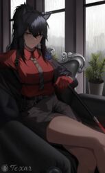  animal_ears arknights armchair bad_id bad_pixiv_id belt black_hair black_jacket black_shorts blue_flower brooch cero_(last2stage) chair character_name commentary_request crossed_legs dated_commentary ear_piercing earrings feet_out_of_frame female flower flower_brooch formal gloves hair_between_eyes highres jacket jewelry korean_commentary long_hair looking_at_viewer md5_mismatch necktie official_alternate_costume open_clothes open_jacket penguin_logistics_logo piercing plant ponytail potted_plant rain red_gloves red_shirt shirt shorts sitting solo suit texas_(arknights) texas_(willpower)_(arknights) watch window wolf_ears wristwatch yellow_eyes 