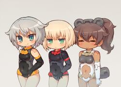  30_minutes_sisters 3girls ^_^ animal_ears bear_ears black_leotard blonde_hair blue_eyes blush breasts brown_hair chibi closed_eyes clothing_cutout commentary_request dark-skinned_female dark_skin fake_animal_ears green_eyes grey_hair leotard luluce_(30ms) medium_breasts multiple_girls ponytail rishetta_(30ms) sankuma short_hair small_breasts smile stomach_cutout thrusters tiasha_(30ms) v-shaped_eyebrows white_leotard 