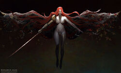  amputee breasts bug butterfly closed_eyes closed_mouth completely_nude elden_ring female floating_hair full_body highres holding holding_sword holding_weapon long_hair looking_at_viewer malenia_blade_of_miquella malenia_goddess_of_rot navel nude prosthesis prosthetic_arm prosthetic_leg red_hair simple_background solo sword thefearmaster very_long_hair weapon wings 