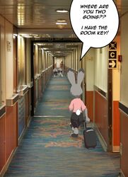  2016 anthro clothing cruise_ship dialogue digital_media_(artwork) disney english_text fan_character female group grummancat hallway hi_res inside jackie_hopps_(grummancat) jill_hopps judy_hopps lagomorph leporid mammal merchant_ship passenger_ship photo_background photography_(artwork) rabbit rear_view running ship suitcase text vehicle watercraft zootopia 