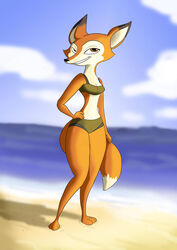  2018 anthro beach bikini breakoutclub breasts canid canine clothing female fox fur hi_res mammal orange_body orange_fur sea seaside smile spark:_a_space_tail swimwear vix_(a_space_tail) water 