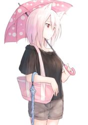  animal_ears bag breasts closed_mouth closed_umbrella commentary_request eyebrows female fox_ears hair_between_eyes highres medium_breasts original parasol pink_hair polka_dot polka_dot_umbrella red_eyes short_hair simple_background solo suzunari_arare umbrella white_background yuki_arare 