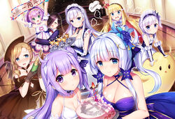  6+girls :d :o =_= aged_down alcohol anchor_symbol anniversary ark_royal_(azur_lane) asymmetrical_bangs azur_lane bare_shoulders belfast_(azur_lane) bell bird black_ribbon blonde_hair blue_dress blue_eyes blue_flower blue_jacket blue_rose blush bottle bow breast_press breasts brown_dress brown_hair brown_hat cake champagne champagne_bottle chick cleavage closed_mouth cocktail_glass collarbone commentary_request criss-cross_halter crown cup detached_sleeves dress drinking_glass dutch_angle elbow_gloves emblem english_text flower food food_on_body food_on_breasts gloves glowing gold_trim green_eyes hair_bell hair_between_eyes hair_bun hair_flower hair_ornament hair_over_one_eye hair_ribbon hairband hairbow halterneck hat holding holding_bottle holding_tray hood_(azur_lane) hug illustrious_(azur_lane) illustrious_(never-ending_tea_party)_(azur_lane) indoors jacket javelin_(azur_lane) large_breasts little_bel_(azur_lane) long_hair looking_at_viewer maid maid_headdress manjuu_(azur_lane) martini messy mini_crown mole mole_under_eye multiple_girls oerba_yun_fang official_alternate_costume one_side_up open_mouth parted_lips ponytail puff_of_air puffy_short_sleeves puffy_sleeves purple_dress purple_eyes purple_hair queen_elizabeth_(azur_lane) revision ribbon rose short_sleeves silveroid single_hair_bun single_side_bun small_breasts smile strapless strapless_dress striped_clothes striped_hairband thought_bubble translated tray unicorn_(azur_lane) v-shaped_eyebrows very_long_hair wavy_mouth white_bow white_dress white_gloves white_hair 