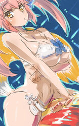  animal_ears bad_id bad_pixiv_id bare_shoulders bikini breast_hold breasts covered_nipples fate/extra fate_(series) female fox_ears fox_tail kaqo large_breasts navel official_alternate_costume pink_hair solo straddling strap_gap swimsuit tail tamamo_(fate) tamamo_no_mae_(fate/extra) tamamo_no_mae_(sexy_bikini)_(fate) twintails underboob yellow_eyes 