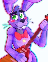  2018 animatronic anthro bow_(feature) bow_tie buckteeth electronics five_nights_at_freddy&#039;s flying_v freddy_fazbear&#039;s_pizzeria_simulator guitar lagomorph leporid machine mammal microphone musical_instrument plucked_string_instrument rabbit robot rockstar_bonnie_(fnaf) scottgames simple_background solo string_instrument teeth toy-bonnie 