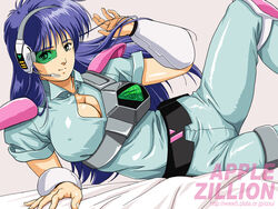  adjusting_hair akai_koudan_zillion apple_(zillion) blue_hair bodysuit bracer breasts cleavage commentary_request covered_nipples crotch_seam female green-tinted_eyewear green_eyes headset knee_pads large_breasts light_smile long_hair looking_at_viewer lying nolia on_side retro_artstyle scouter shiny_clothes shoulder_pads solo tinted_eyewear 