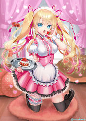  apron bed black_footwear black_thighhighs blonde_hair blue_eyes blurry blurry_background boots breasts bridal_garter cake canopy_bed center_frills commentary_request cream depth_of_field female flower food frilled_apron frilled_skirt frills fruit hair_between_eyes hair_ribbon heart highres holding holding_food holding_tray indoors knee_boots kneeling kumehara_chiyota long_hair maid maid_headdress medium_breasts open_mouth original pink_ribbon pink_skirt pleated_skirt puffy_short_sleeves puffy_sleeves red_flower ribbon shirt short_sleeves sidelocks skirt solo strawberry striped thighhighs thighhighs_under_boots tongue tongue_out tray twintails twitter_username underbust vase vertical_stripes very_long_hair waist_apron white_apron white_shirt wooden_floor 