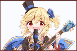  :d asymmetrical_sleeves bad_id bad_pixiv_id black_border black_hat black_shirt blonde_hair blue_cape blue_flower blush border cape commentary_request electric_guitar female fingernails flower girls&#039;_frontline guitar hair_between_eyes hair_flower hair_ornament hand_up hat highres holding holding_instrument instrument layered_sleeves long_hair long_sleeves looking_at_viewer matsuo_(matuonoie) microphone mini_hat mini_top_hat nagant_revolver_(astral_bond)_(girls&#039;_frontline) nagant_revolver_(girls&#039;_frontline) official_alternate_costume one_side_up open_mouth puffy_short_sleeves puffy_sleeves red_eyes shirt short_over_long_sleeves short_sleeves simple_background sleeves_past_wrists smile solo tilted_headwear top_hat uneven_sleeves upper_body white_background 